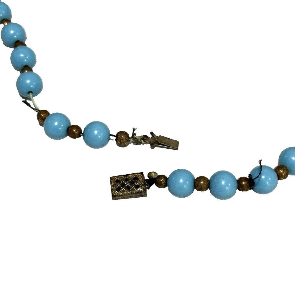 Single Strand Blue White & Gold Beaded Necklace Vintage Art Glass Opalescent